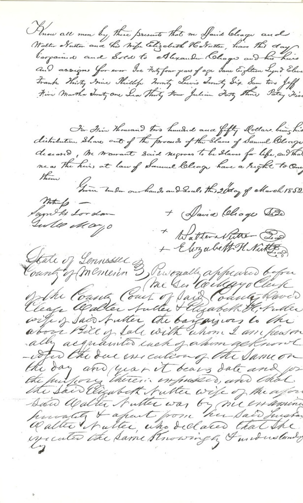 Part of the Bill of Sale conveying Jeff, age 5 and my 2X great grandfather Frank to Alexander Cleage after his father Samuel's death in 1852.