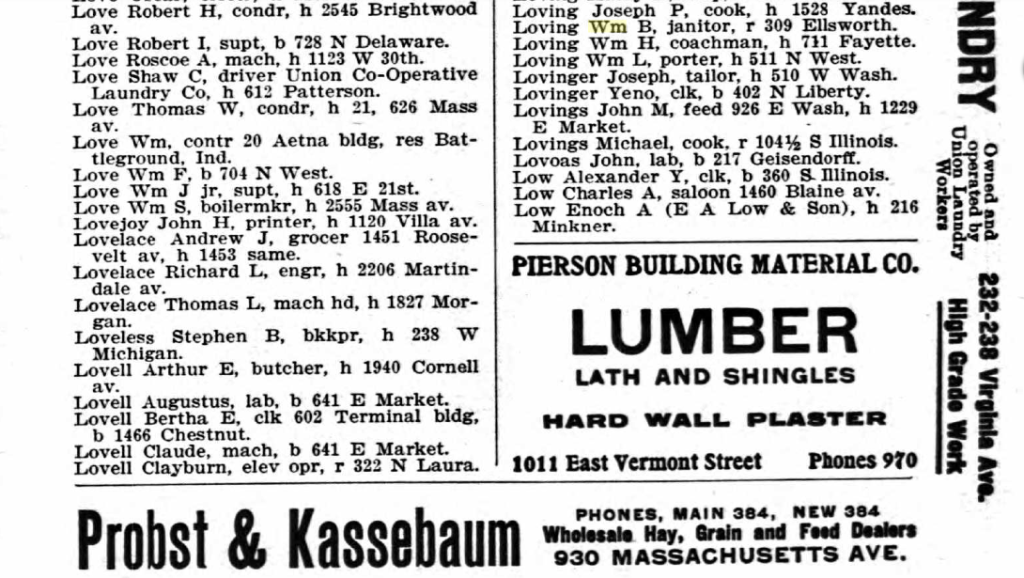 Entry for William B. Loving in the 1906 Indianapolis City Directory. You can see the adds all around the edges.