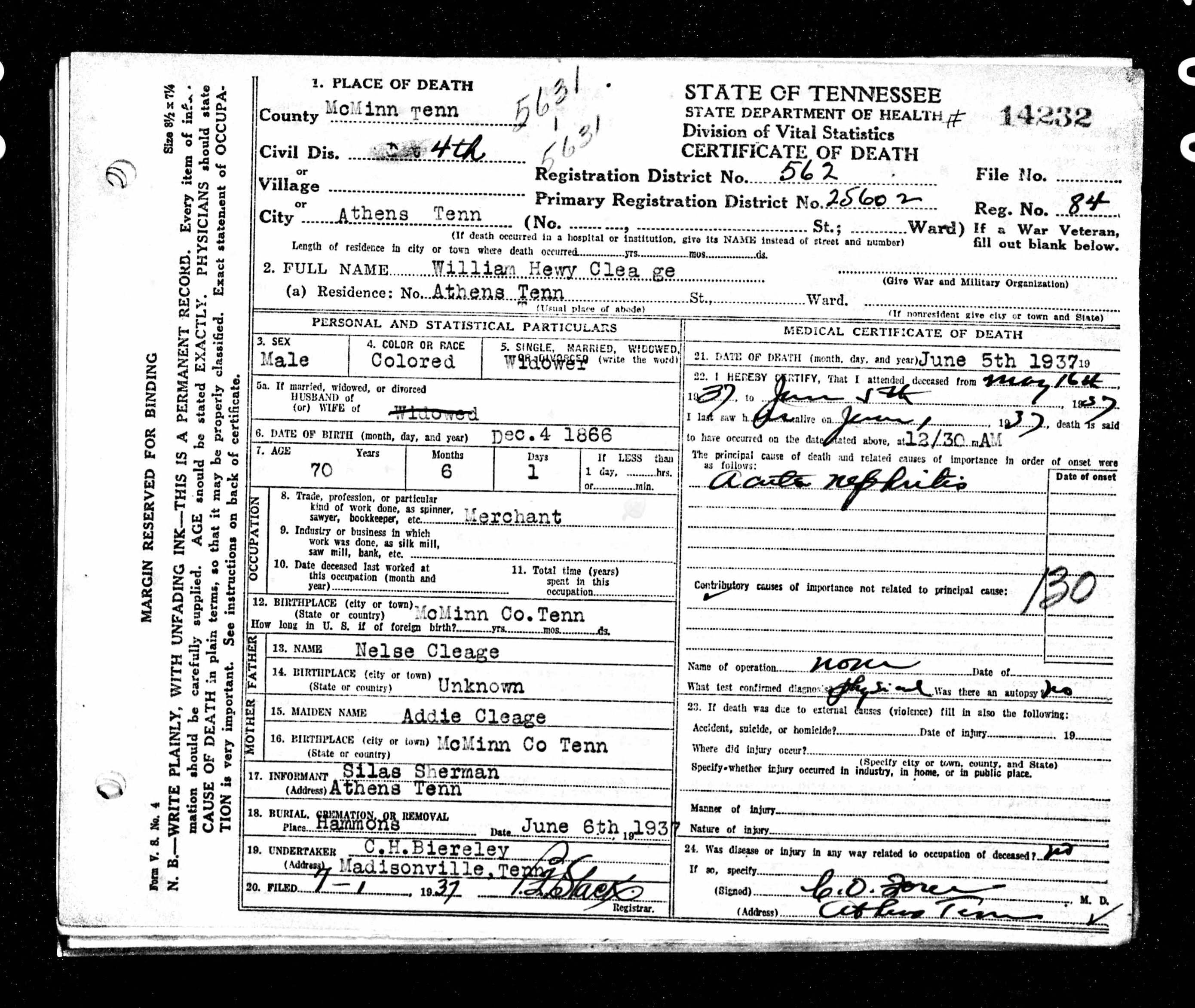 Death Certificate for William Henry Cleage