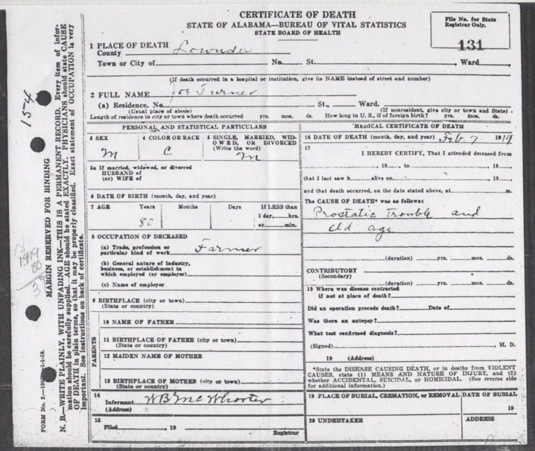 Joe Turner’s Death Certificate | Finding Eliza